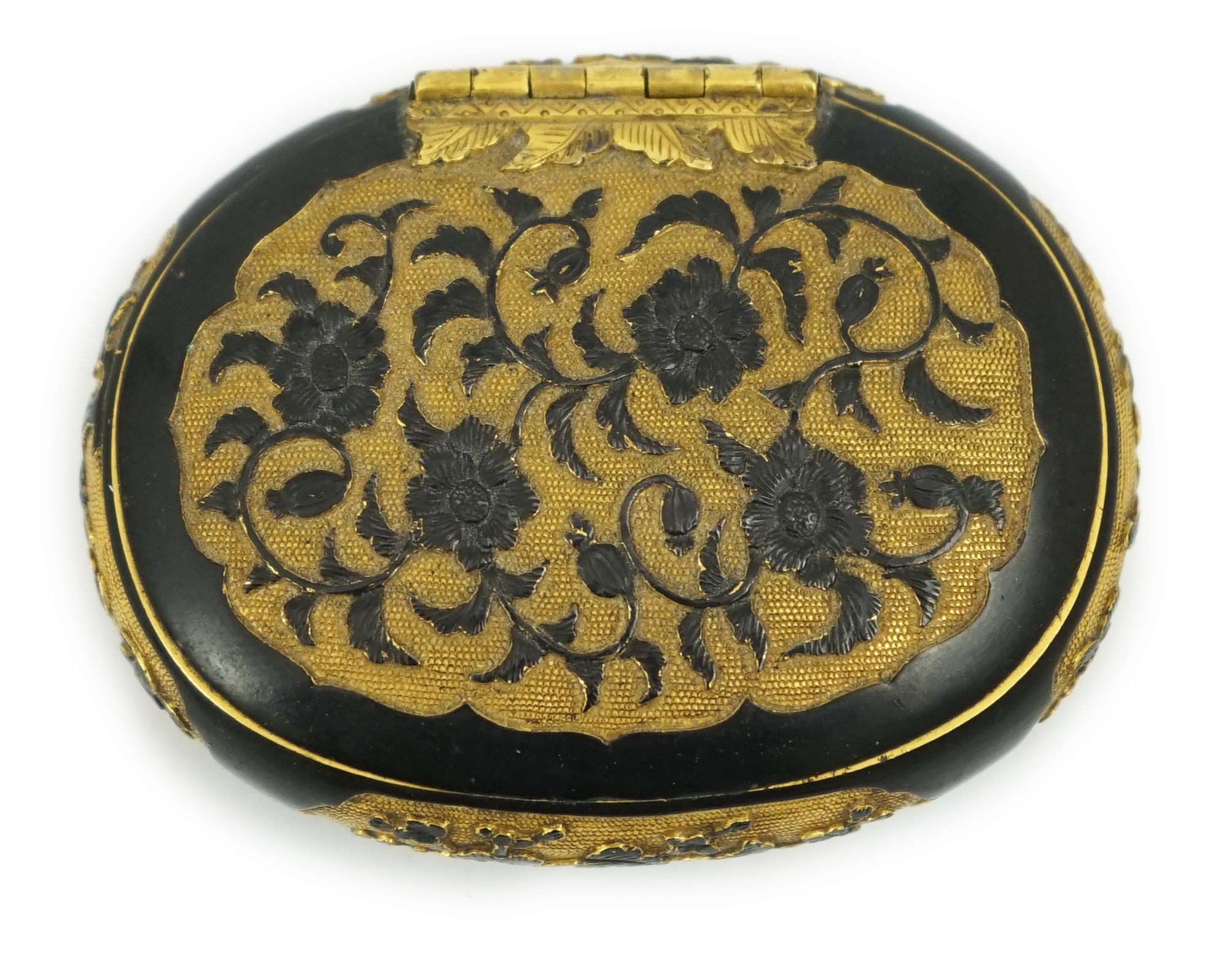 A small Japanese export gilt bronze Sawasa oval tobacco box, 18th century